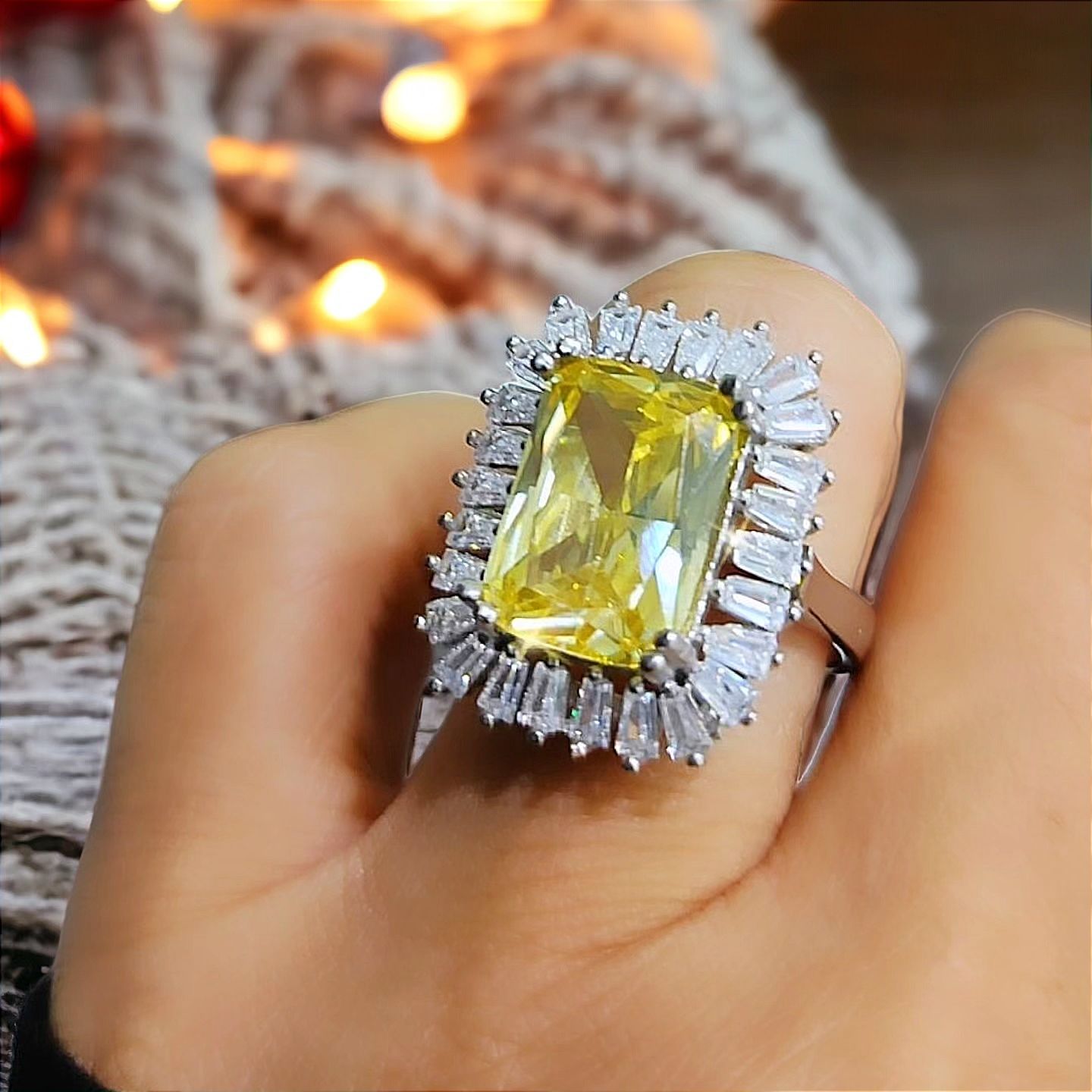 Sitrin ve Bagety Taşlı, Altın Kaplama Gümüş Yüzük