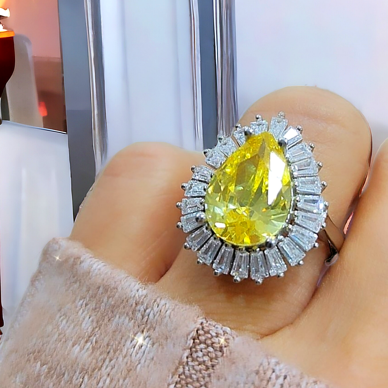 Sitrin Taşlı, Altın Kaplamalı Gümüş Damla Yüzük