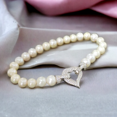 Swarovski Taşlı,Kalp model Hakiki İnci Gümüş Bileklik