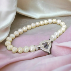 Swarovski Taşlı,Kalp model Hakiki İnci Gümüş Bileklik