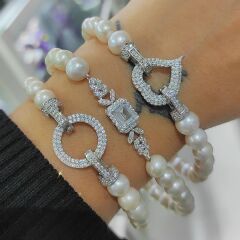 Swarovski Taşlı,Kalp model Hakiki İnci Gümüş Bileklik