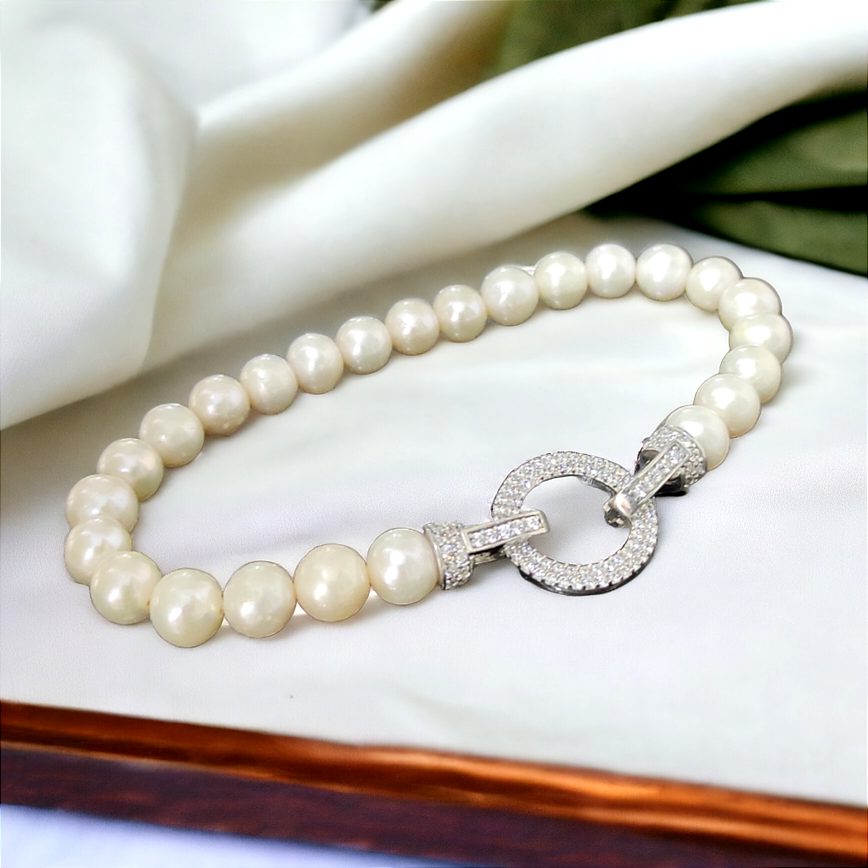 Swarovski taşlı, Altın kaplama İnci Gümüş Bileklik