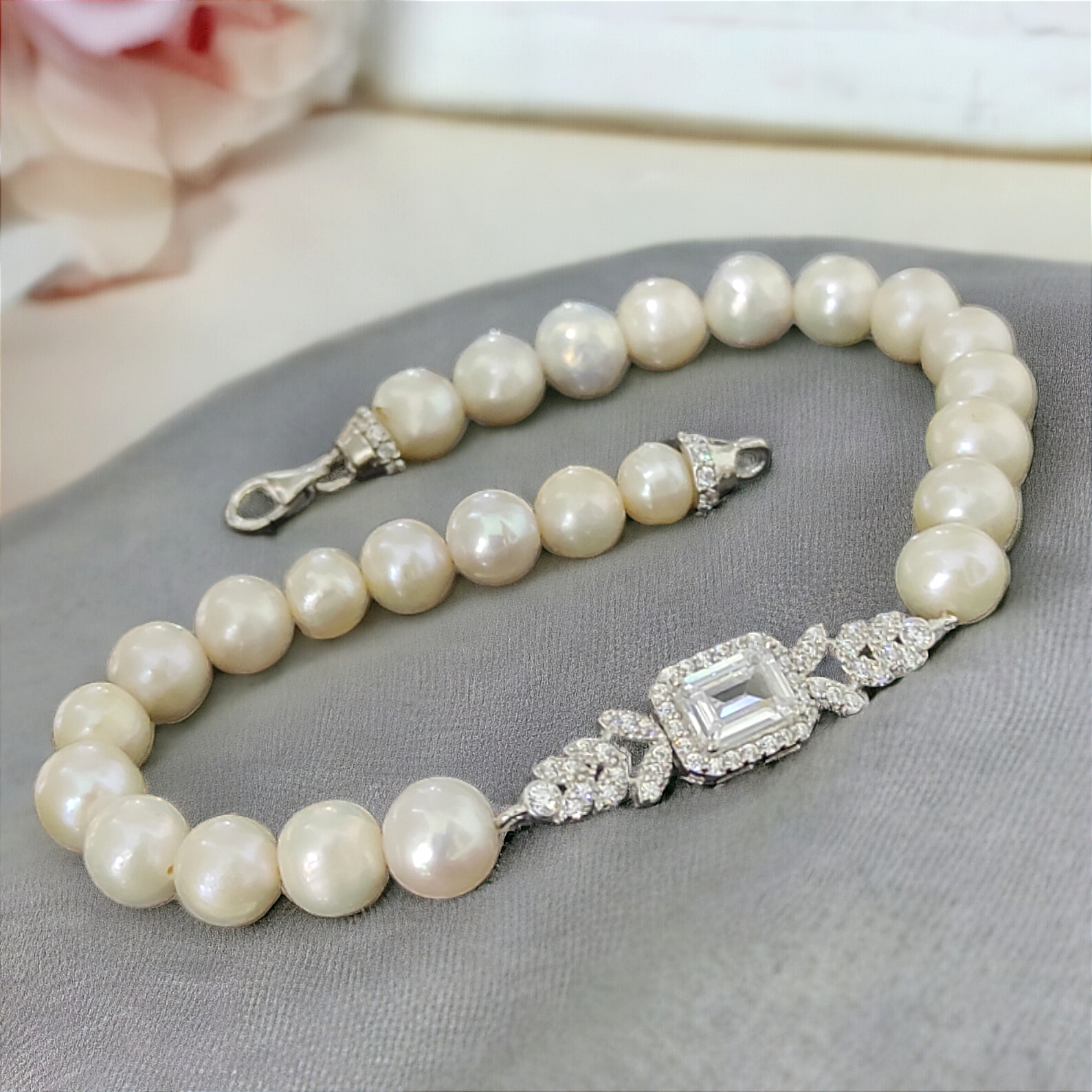 Swarovski Bagety Taşlı,Hakiki inci Gümüş Bileklik