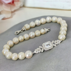 Swarovski Bagety Taşlı,Hakiki inci Gümüş Bileklik