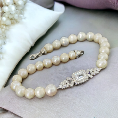 Swarovski Bagety Taşlı,Hakiki inci Gümüş Bileklik