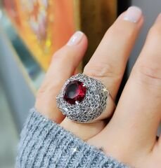 Yakut Taşlı, Altın Kaplama Tasarım Gümüş Yüzük