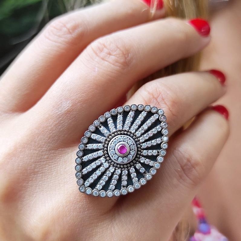 Yakut Taşlı Mekik Tasarım Gümüş Yüzük