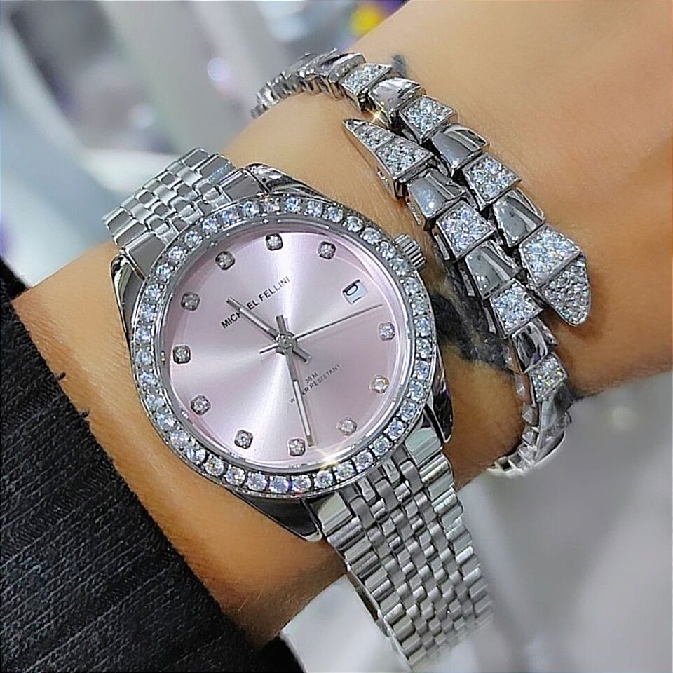 Michael Fellini İthal Pembe Aksamlı Bayan Çelik saat