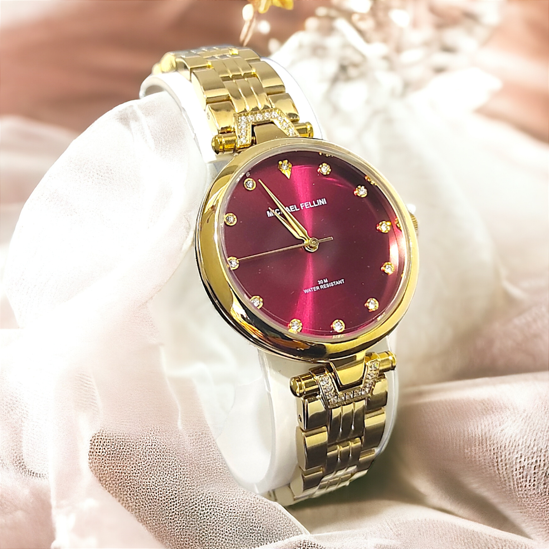 Michael Fellini İthal Bordo Aksamlı Çelik Bayan Saat