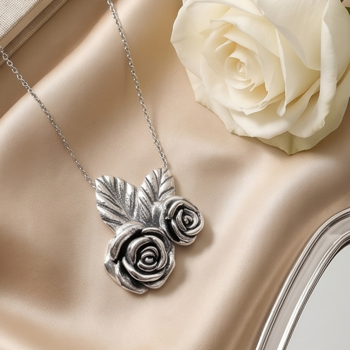 Gül model ithal 3 Boyutlu  Tasarım Gümüş Kolye