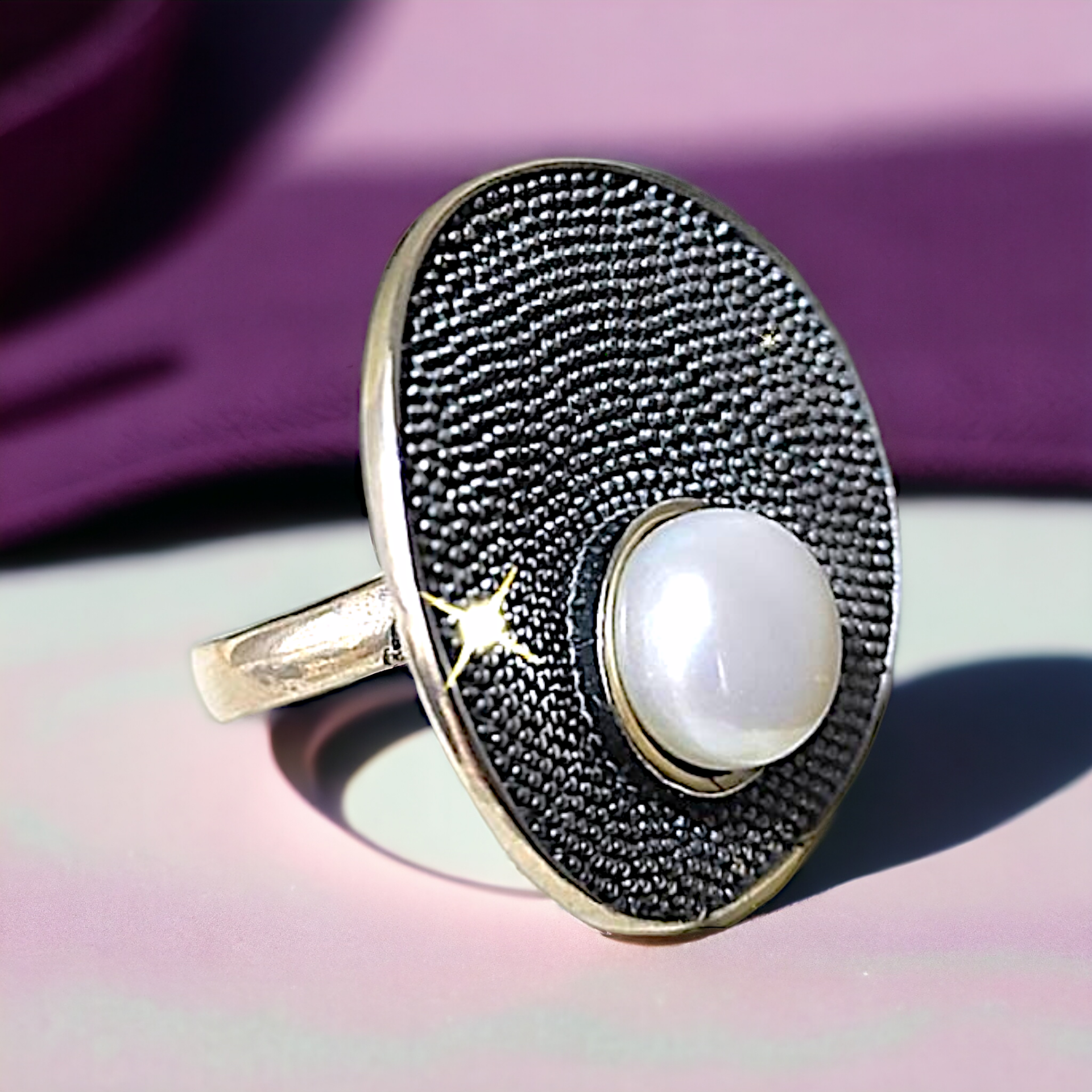 Hakiki İnci Taşlı Tasarım Gümüş Yüzük