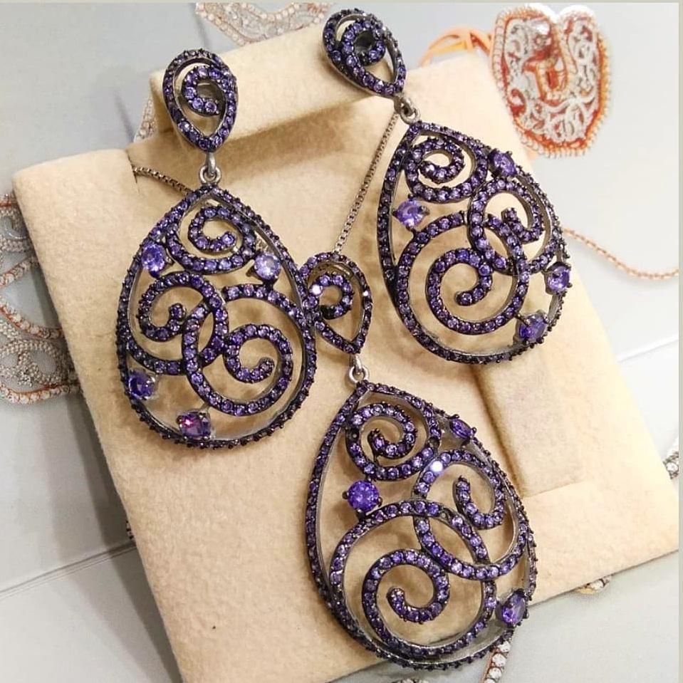 AMETİST TAŞLI TEK TASARIM ALTIN RODAJLI  GÜMÜŞ SET