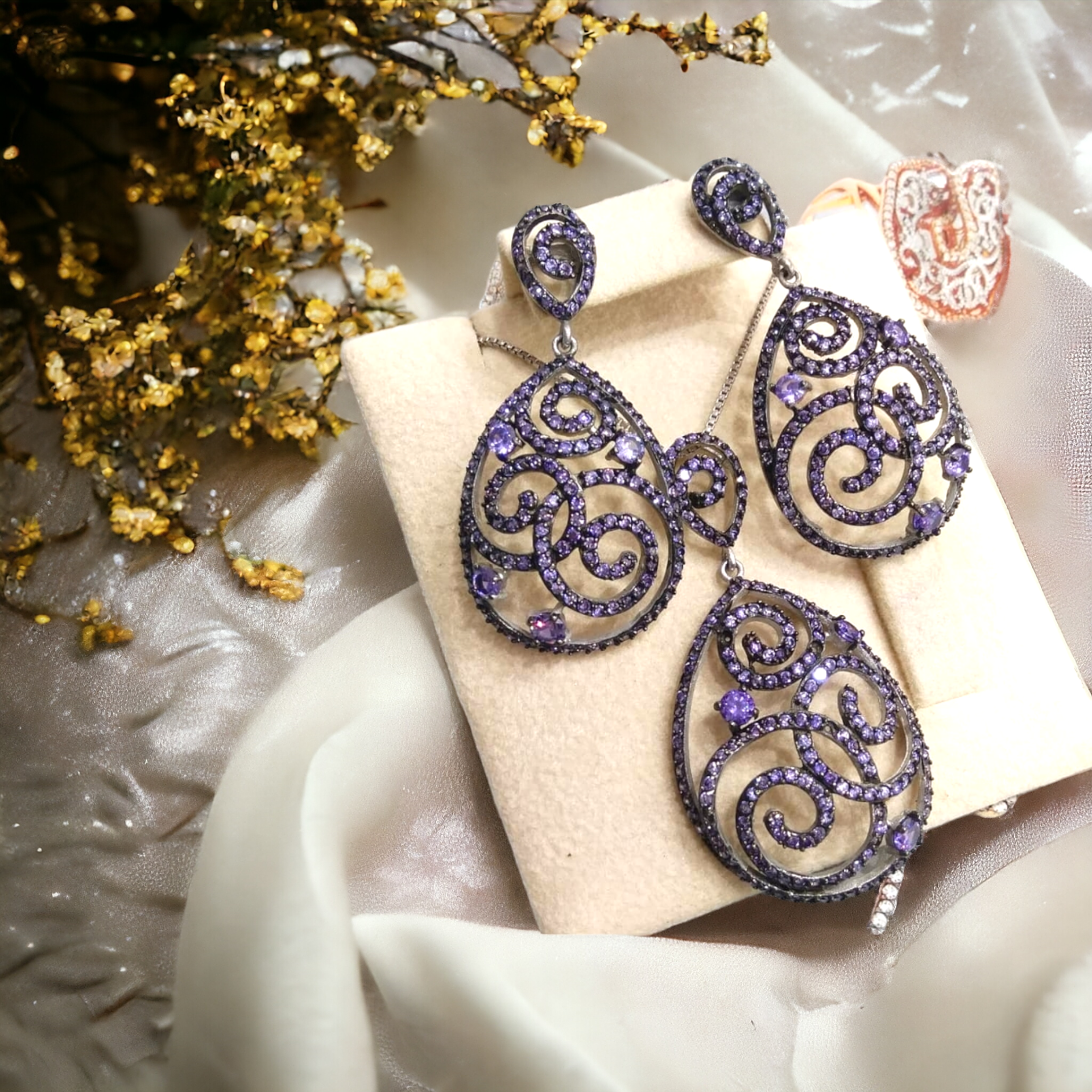 AMETİST TAŞLI TEK TASARIM ALTIN RODAJLI  GÜMÜŞ SET