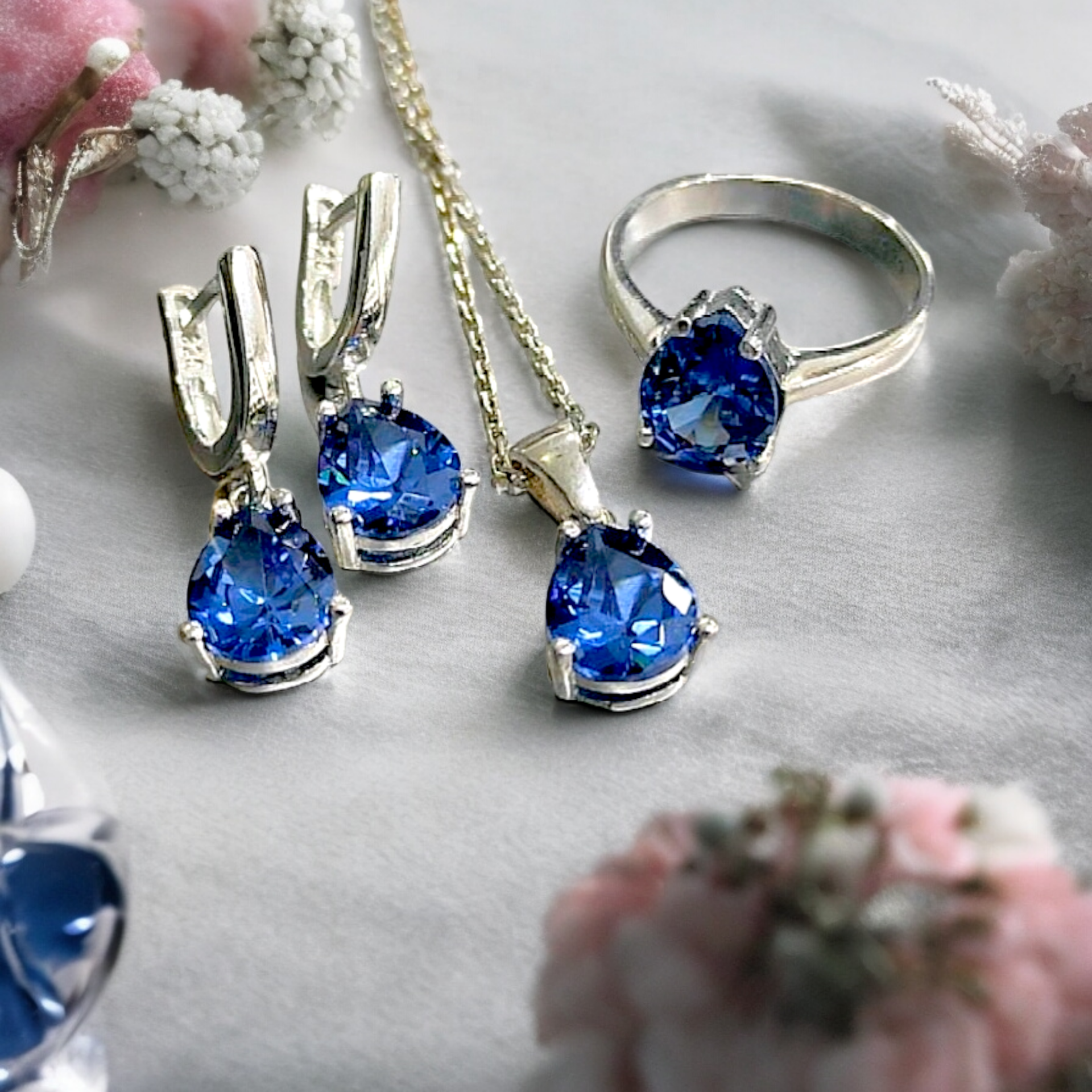 Safir Taşlı Damla Model Altın Rodajlı Gümüş Set