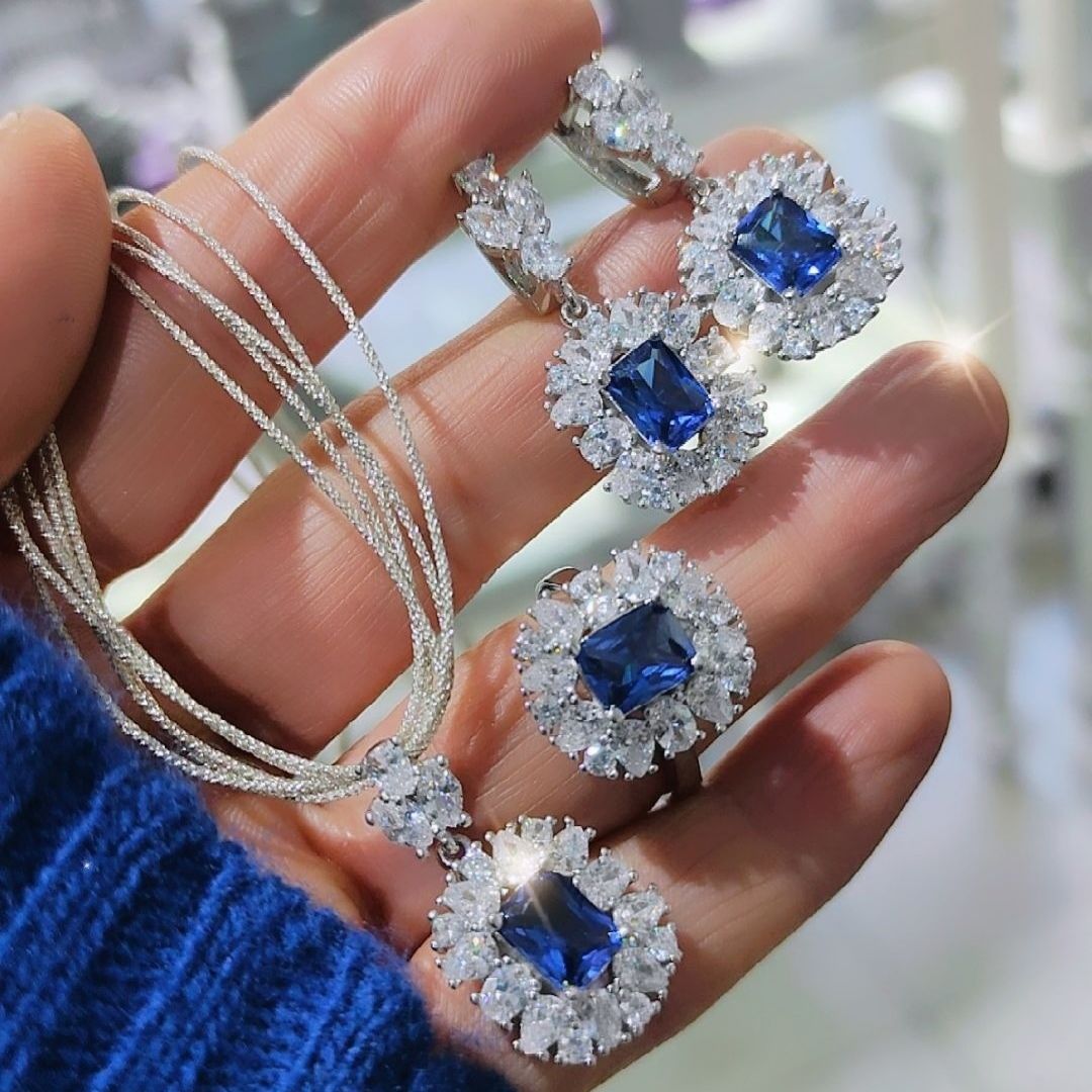 Safir Taşlı,İthal Altın Kaplamalı Gümüş Set