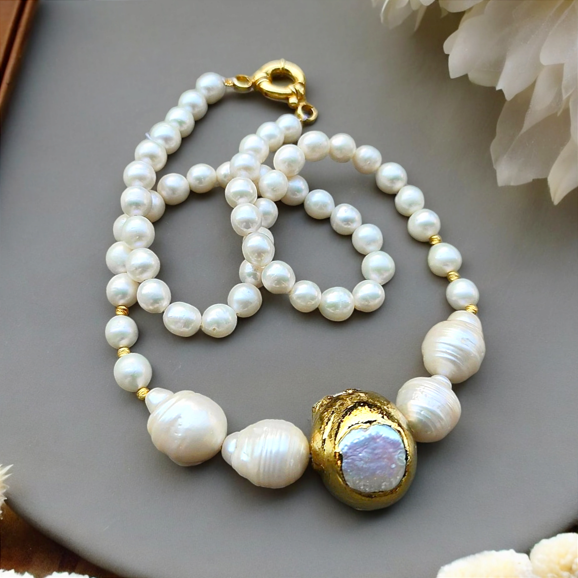 Hakiki inci Tek Tasarım, Altın Rodajlı Gümüş Kolye