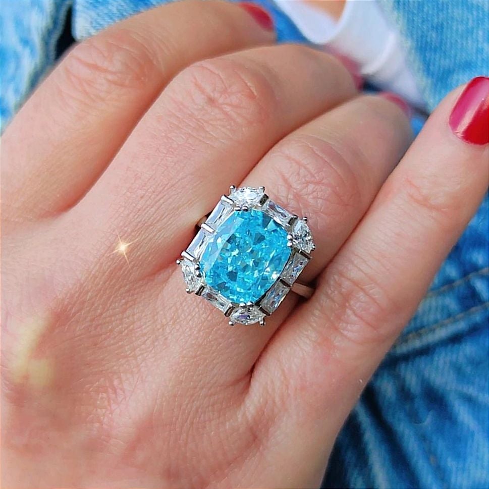 Akuamarin Taşlı, Altın Rodajlı Gümüş Yüzük