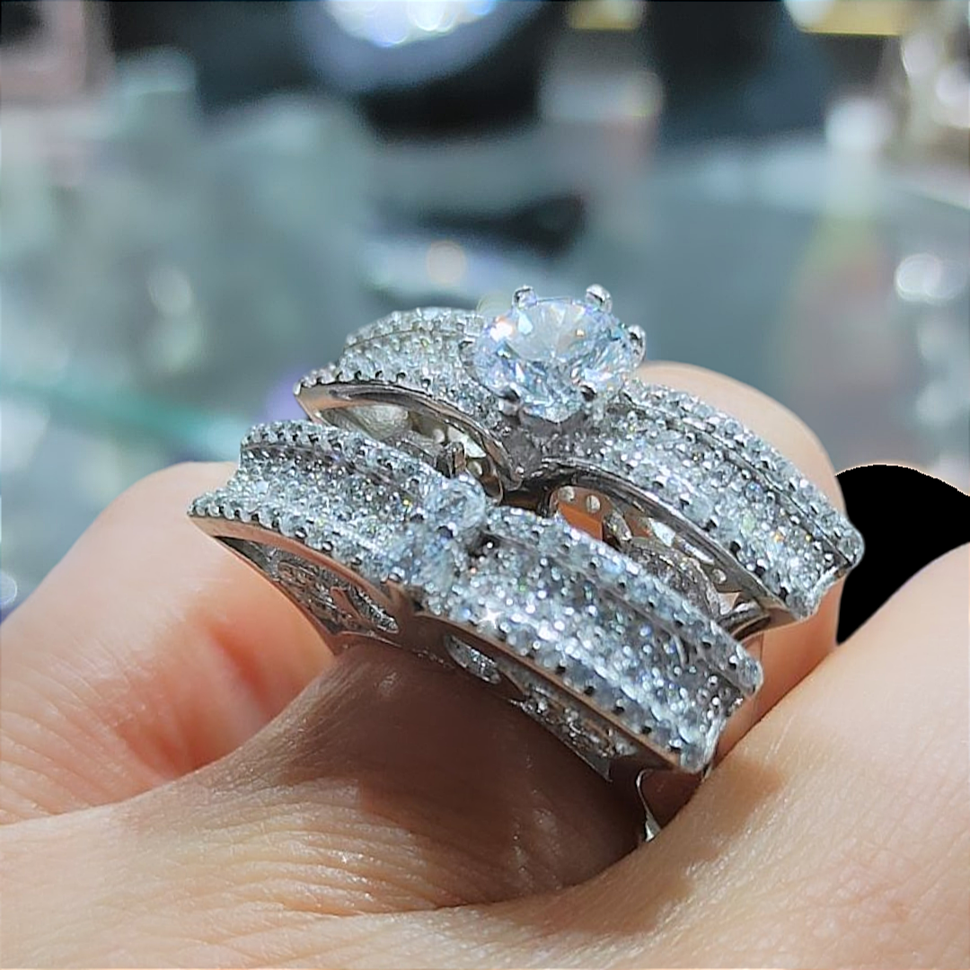 Swarovski Taşlı Altın Rodajlı Gümüş Yüzük Set