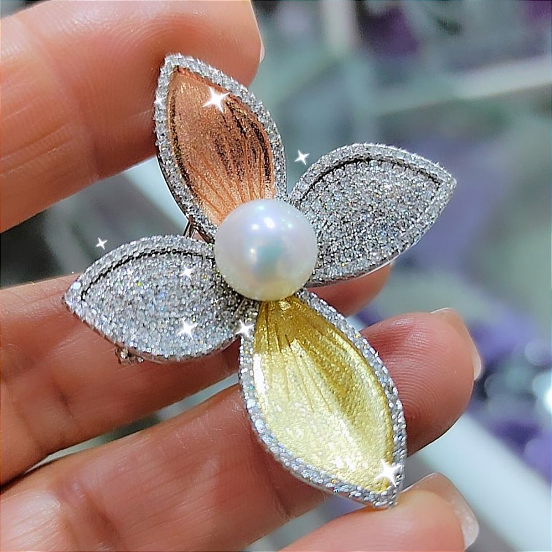 İnci Taşlı,Rose,Gold zithal Gümüş Broş