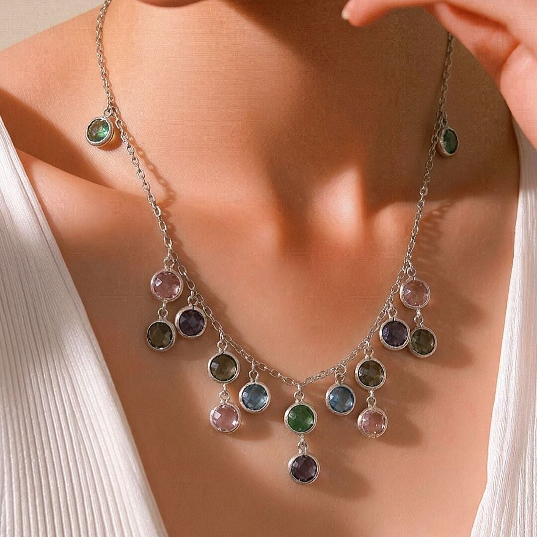 Ametist ve Kuars Taşlı Beyaz altın kaplamalı Gümüş Kolye