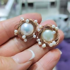 Hakiki İnci Rose Tasarım Gümüş Çivili Küpe