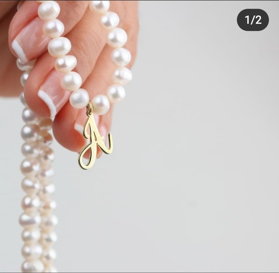 HAKİKİ İNCİ, ALTIN KAPLAMALI GÜMÜŞ HARF KOLYE