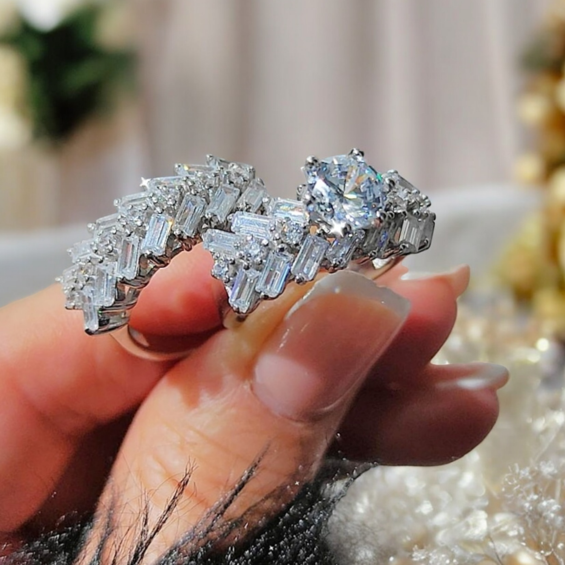 Swarovski Bagety Taşlı Altın kaplamalı Gümüş Yüzük Set