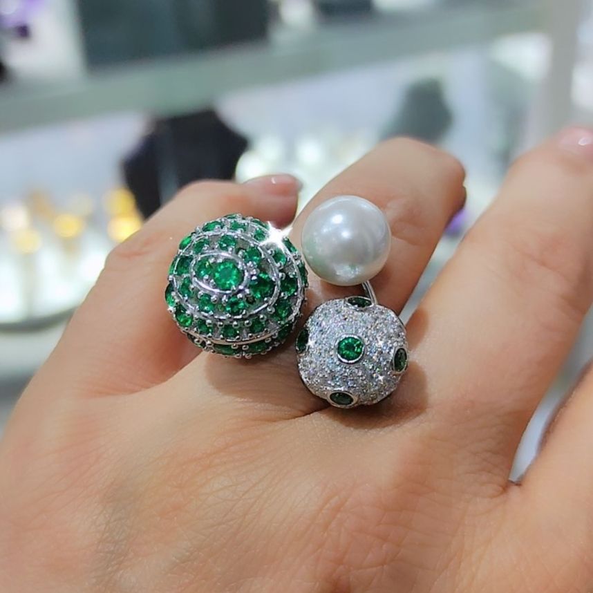 İnci ve Swarovski Taşlı Altın kaplamalı Ayarlamalı Gümüş Yüzük