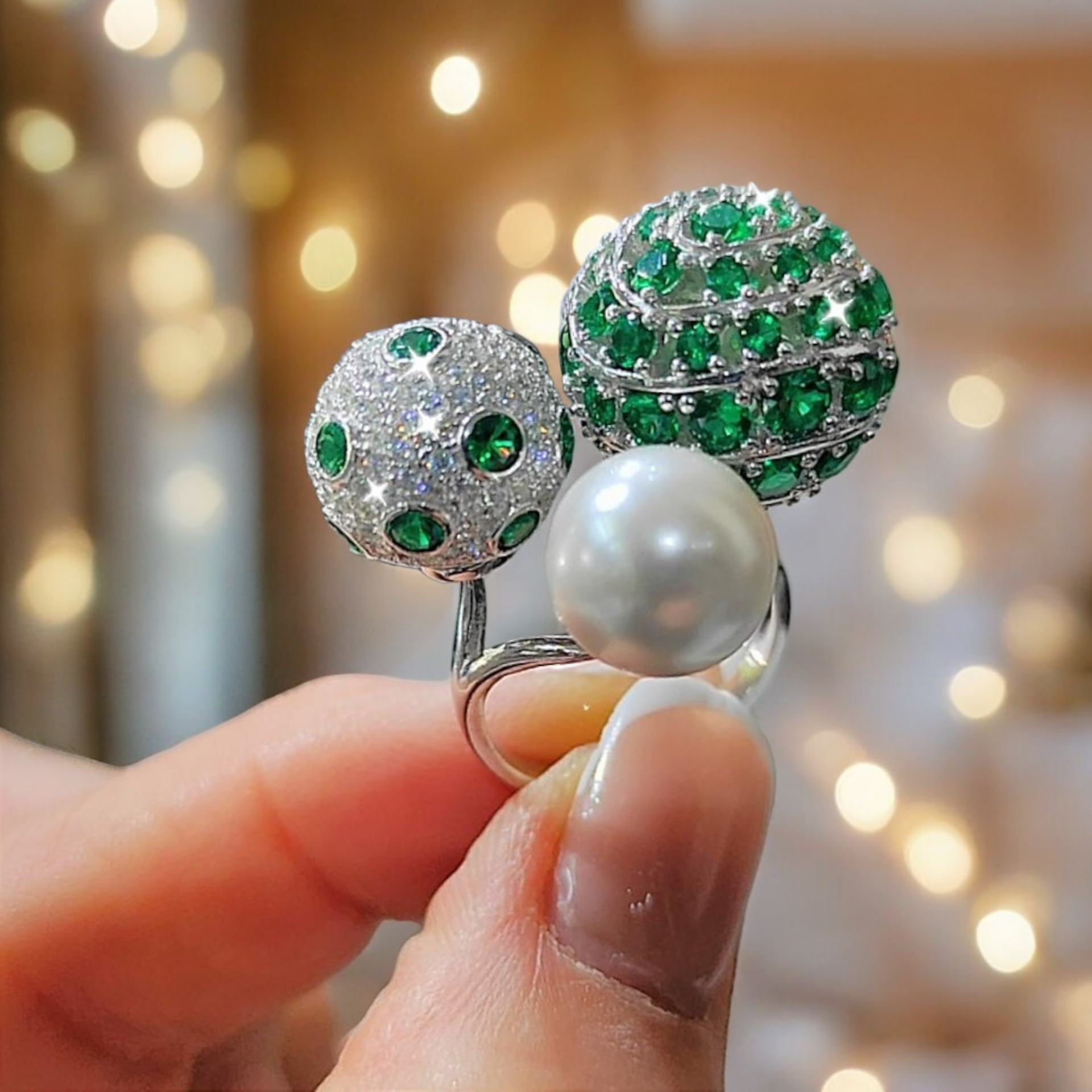 İnci ve Swarovski Taşlı Altın kaplamalı Ayarlamalı Gümüş Yüzük