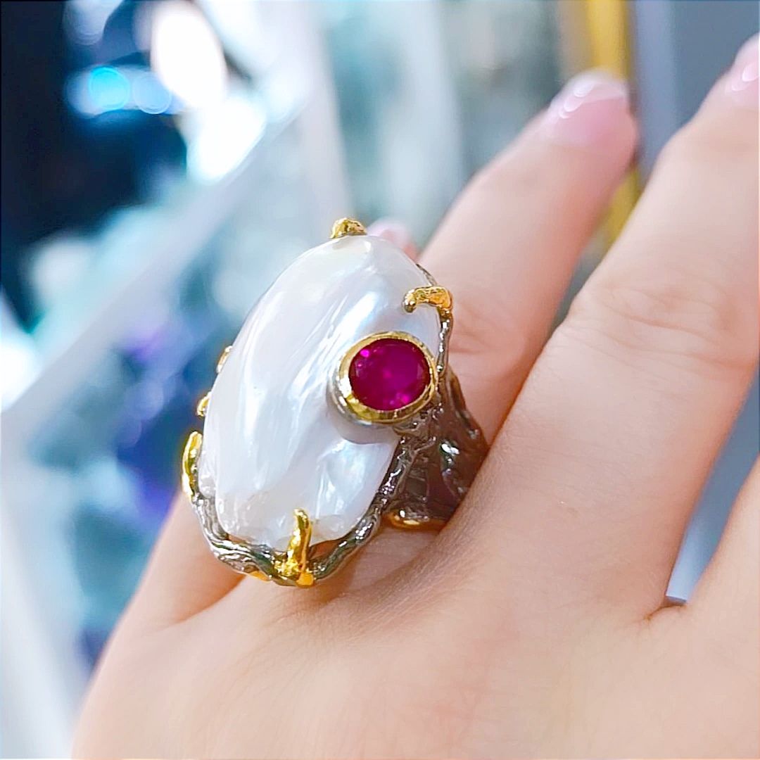 Barok inci, Yakut Taşlı İthal Tasarım Gümüş Yüzük