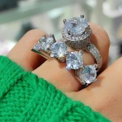 Swarovski Taşlı Altın kaplamalı Gümüş Yüzük Set