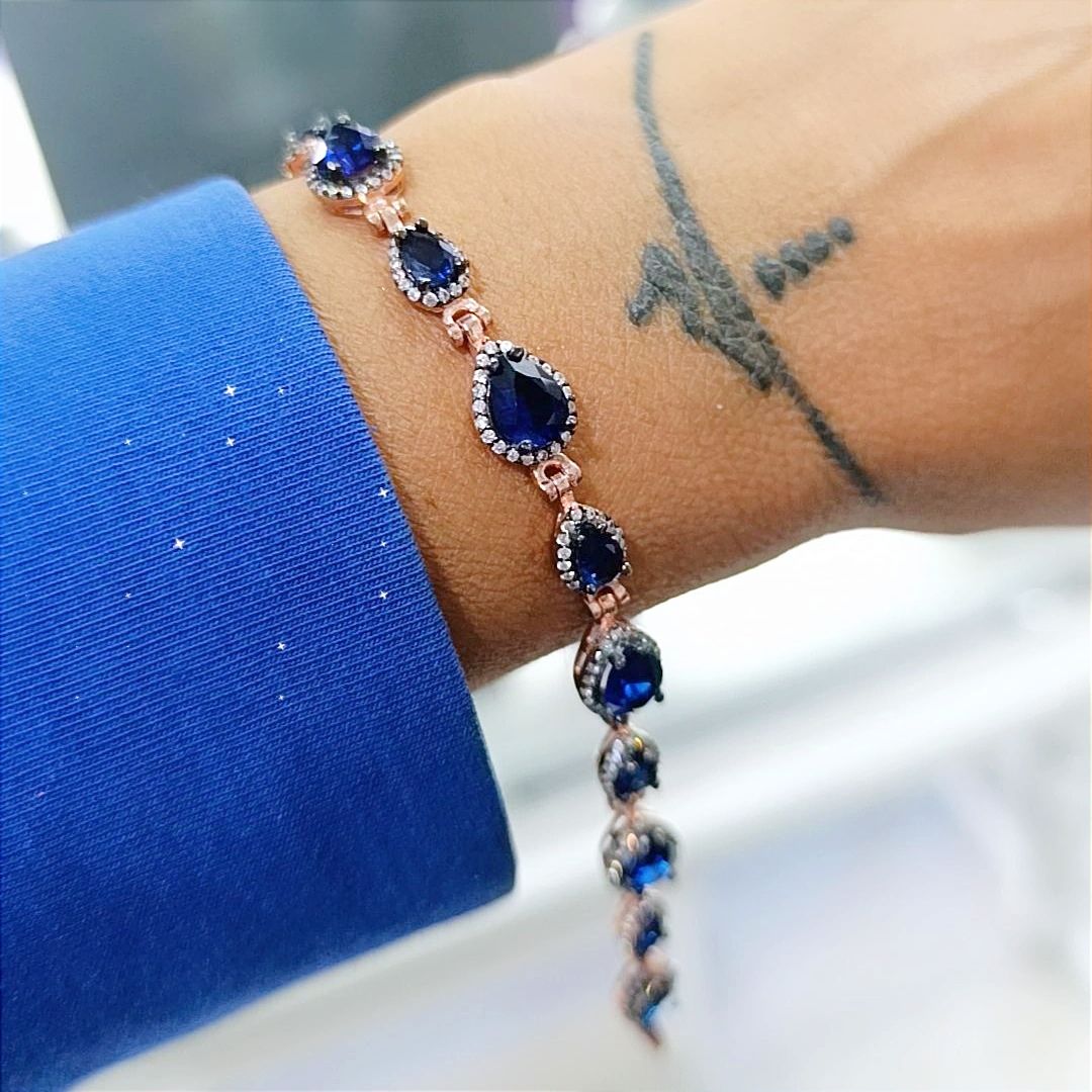 Safir Taşlı Rose Gold Damla Model Gümüş Bileklik