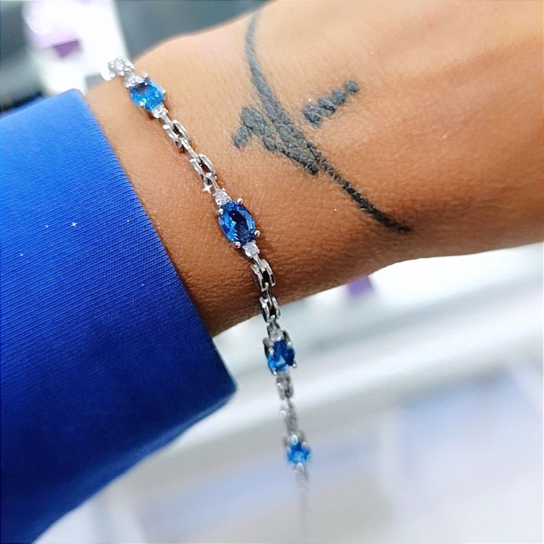 Akuamarin Taşlı Altın Rodajlı İthal Gümüş Bileklik