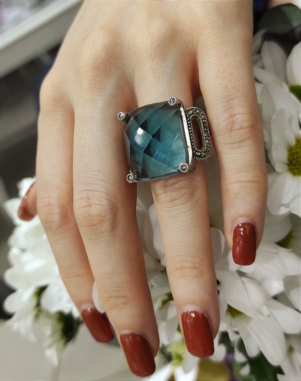 Akuamarin Taşlı İthal Tasarım Gümüş Yüzük