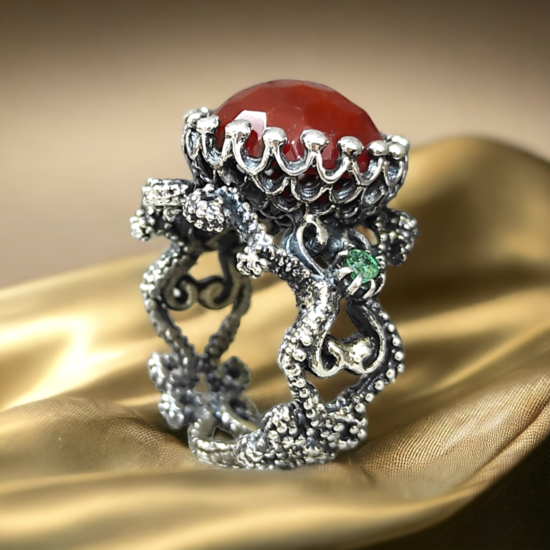 Akik Taşlı Otantik Tasarım Gümüş Yüzük