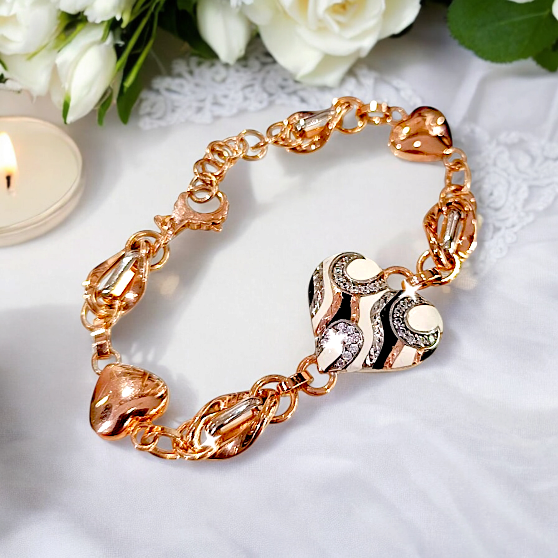 Sedef Taşlı İthal Rose Gümüş Kalpli Bileklik