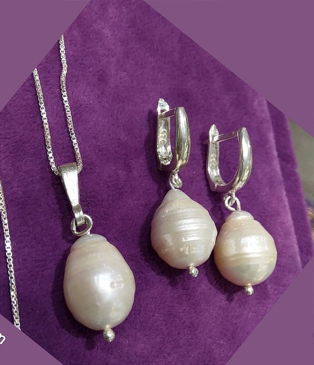 Barok İnci taşlı tasarım Gümüş kolye küpe  Set