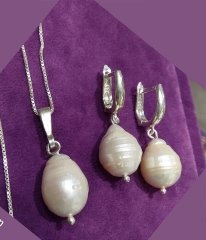 Barok İnci taşlı tasarım Gümüş kolye küpe  Set