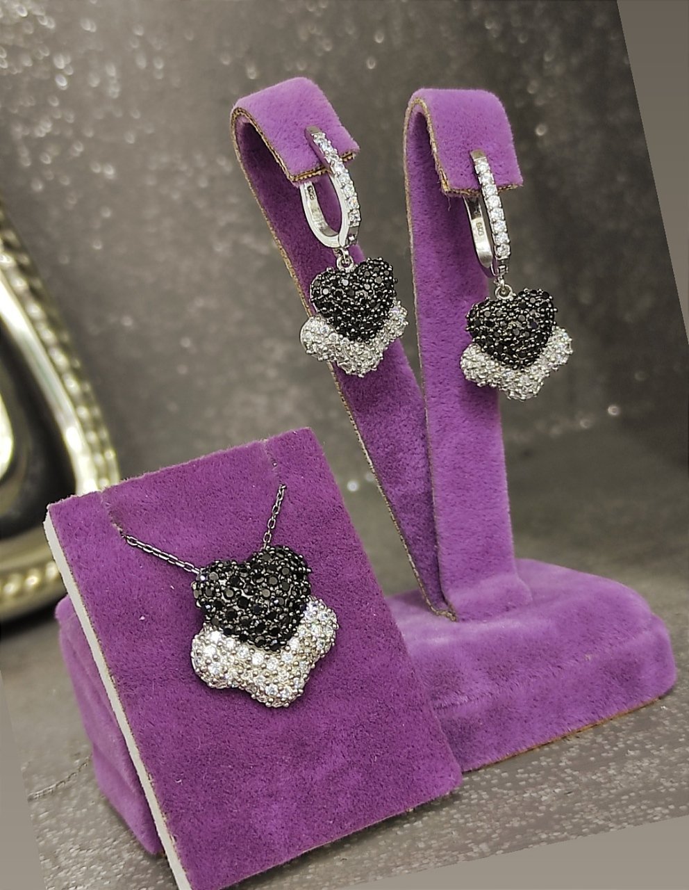 Zirkon Taşlı Kalpli Gümüş kolye küpe  Set