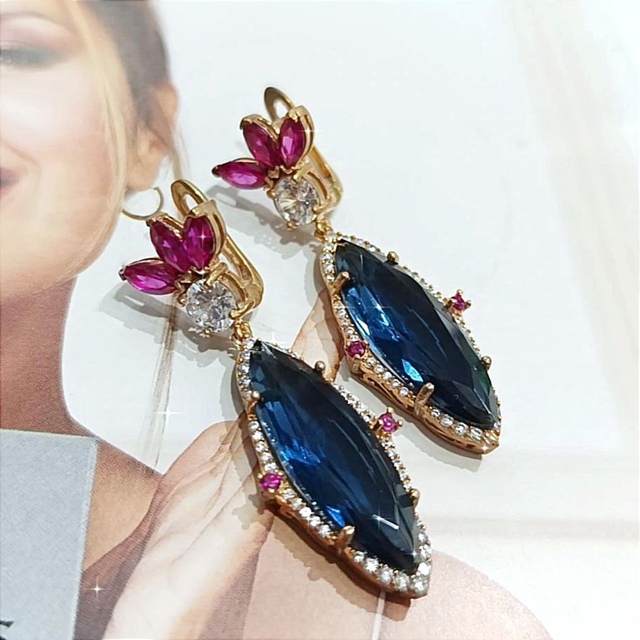 Yakut ve Safir Taşlı Rose İthal Gümüş Küpe