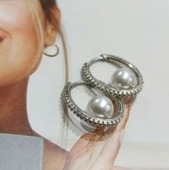 İnci Taşlı Altın Rodajlı Gümüş Halka Küpe