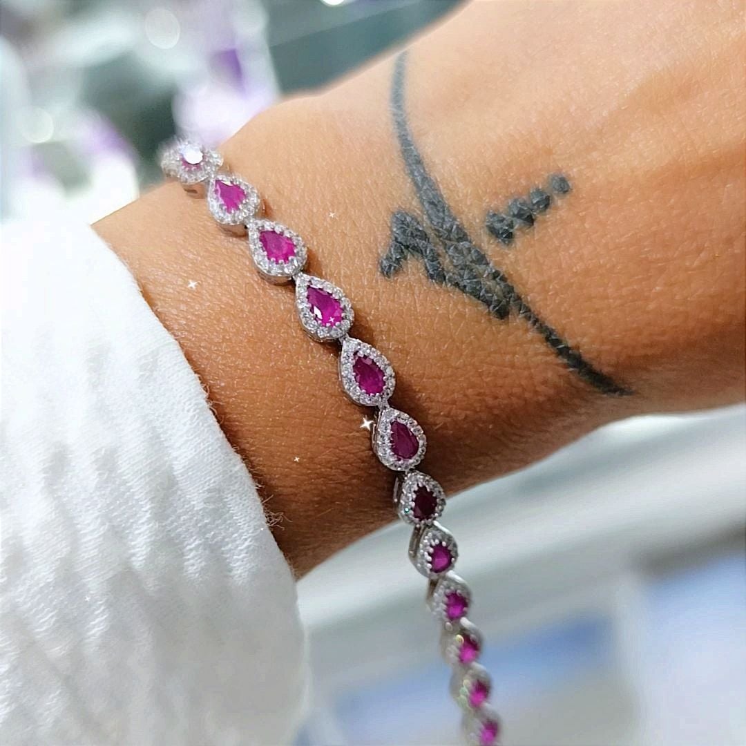 Yakut Taşlı Damla Gümüş İthal Bileklik