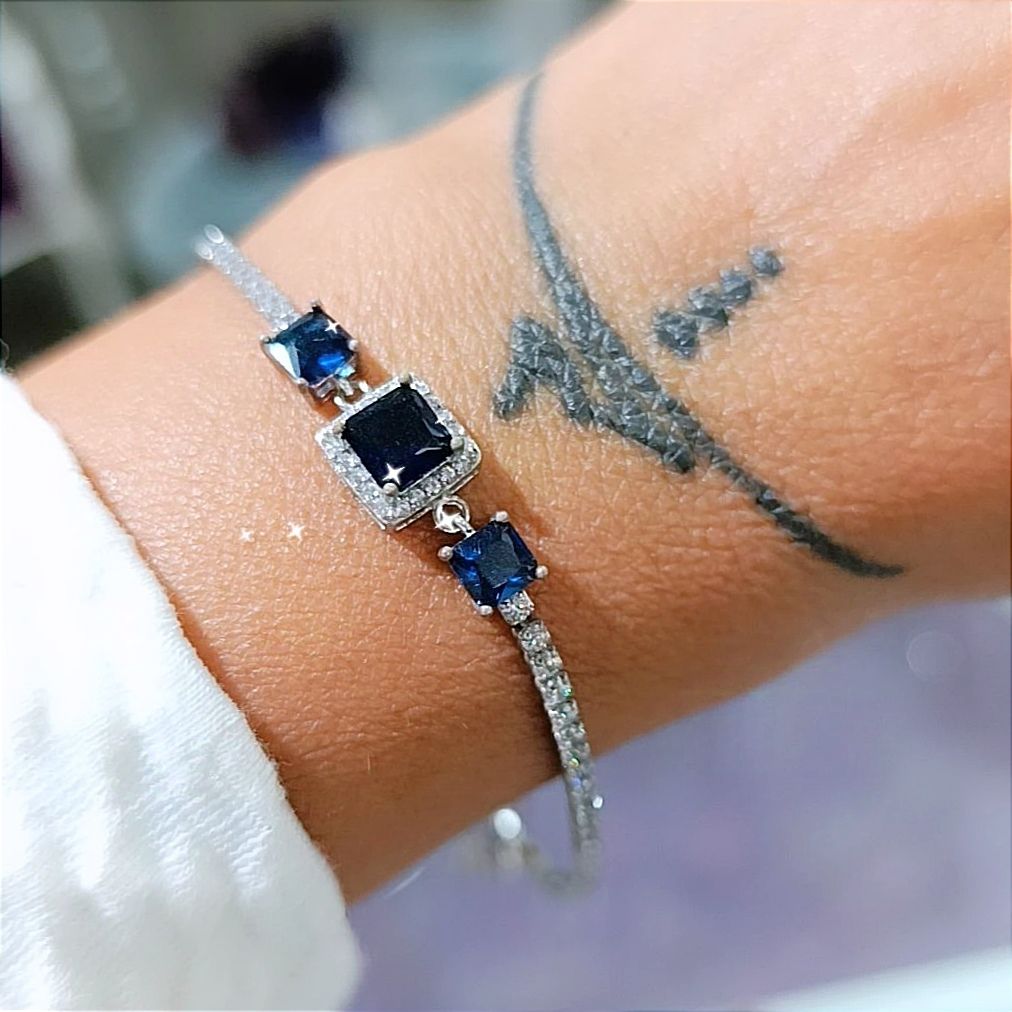 Safir Taşlı İthal Gümüş Asansörlü suyolu Bileklik