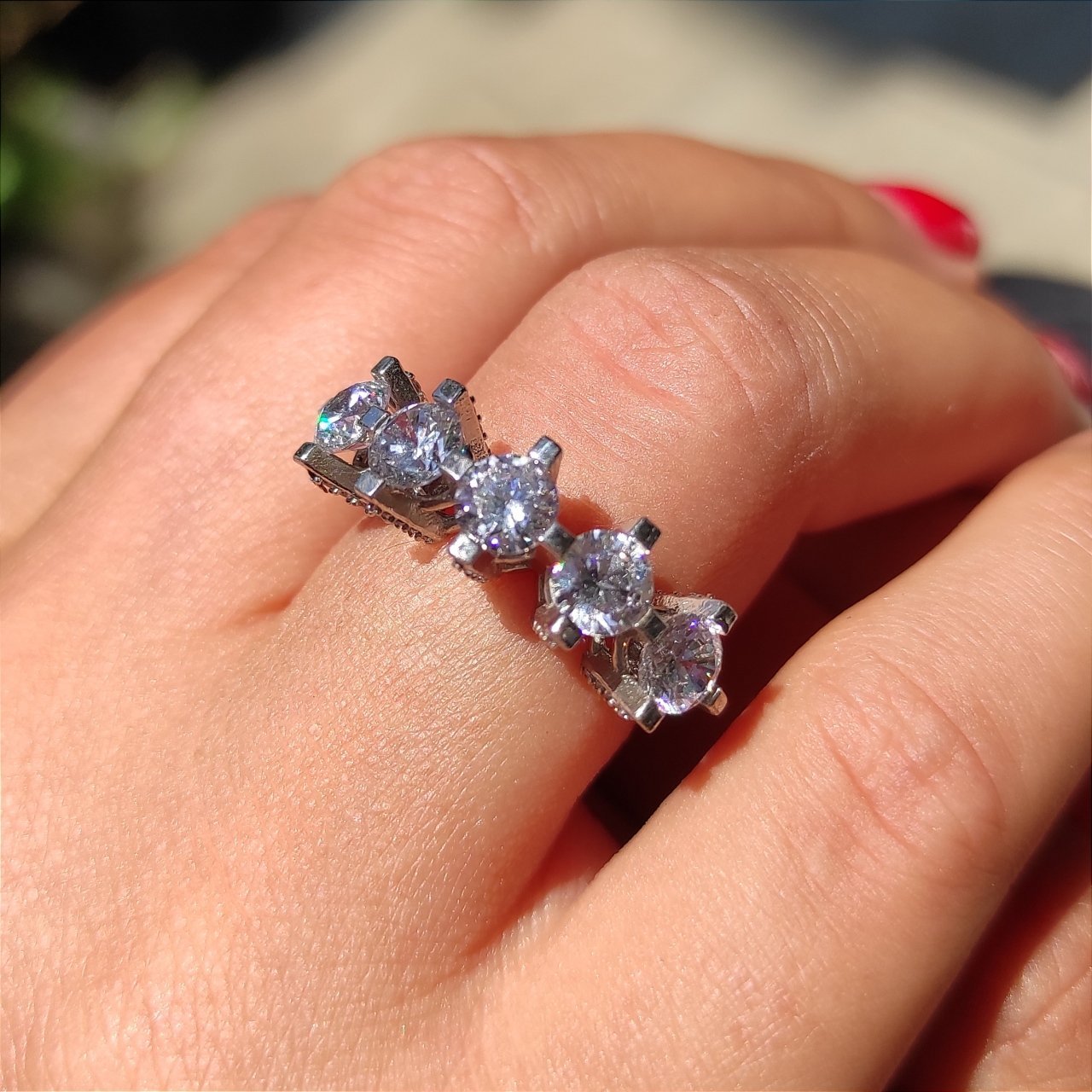 Swarovski  Taşlı, Altın Kaplamalı Gümüş 5 Taş Yüzük