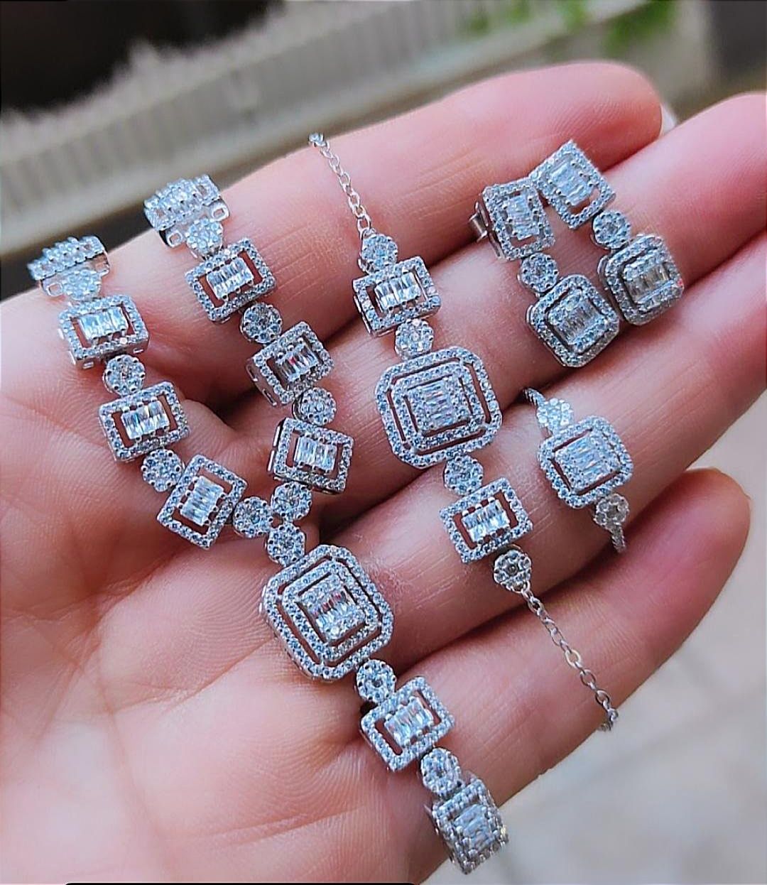 Bagety Taşlı Swarovski Taşlı İthal Gümüş Set