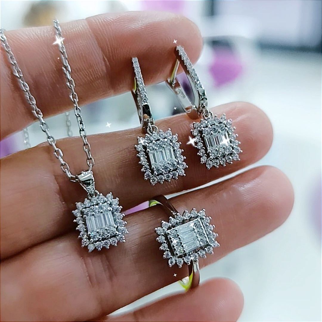 Bagety Kesim Swarovski Taşlı Gümüş Set