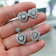 Swarovski Bagety Taşlı Kalp İthal Gümüş Set