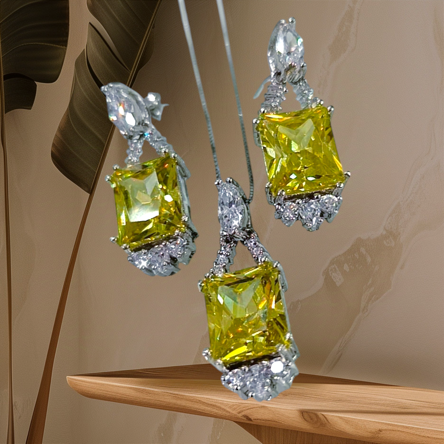 Yeşil Sitrin Taşlı İthal Altın Rodajlı Gümüş Set