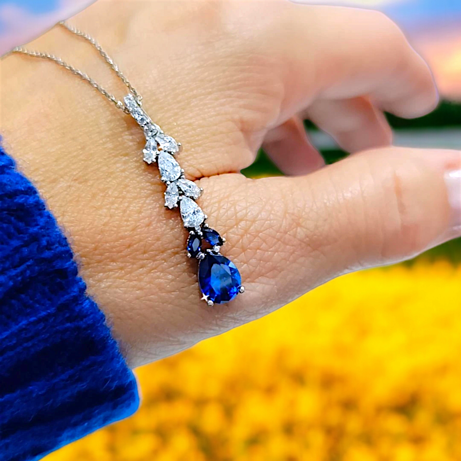 Safir Taşlı İthal Damla Gümüş Kolye