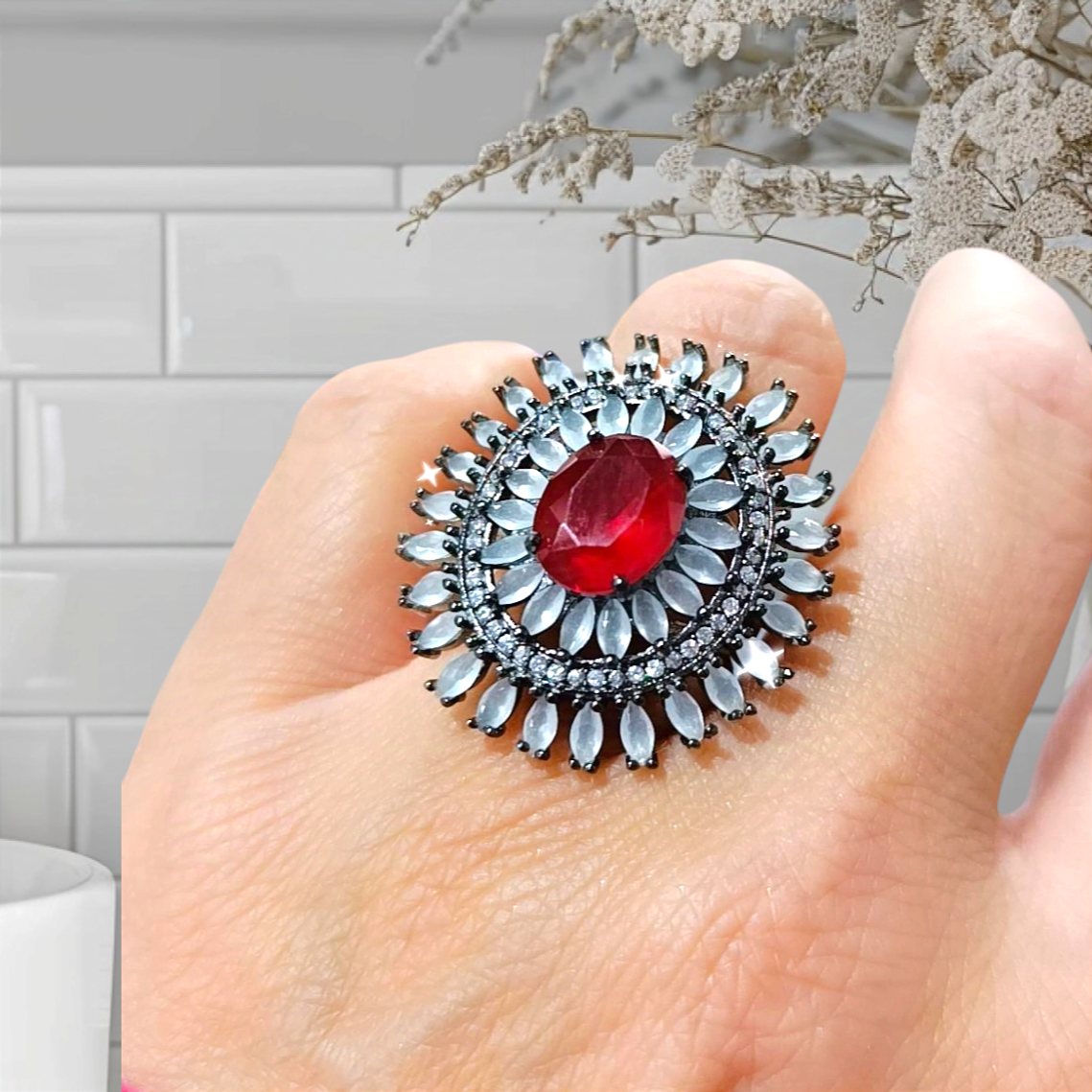 İthal Tasarım Yakut Taşlı Gümüş Yüzük